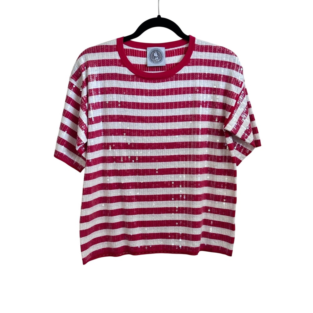 Happy Sheep Red White Striped Sequin Cotton Knit Top Short Sleeve Small Italy